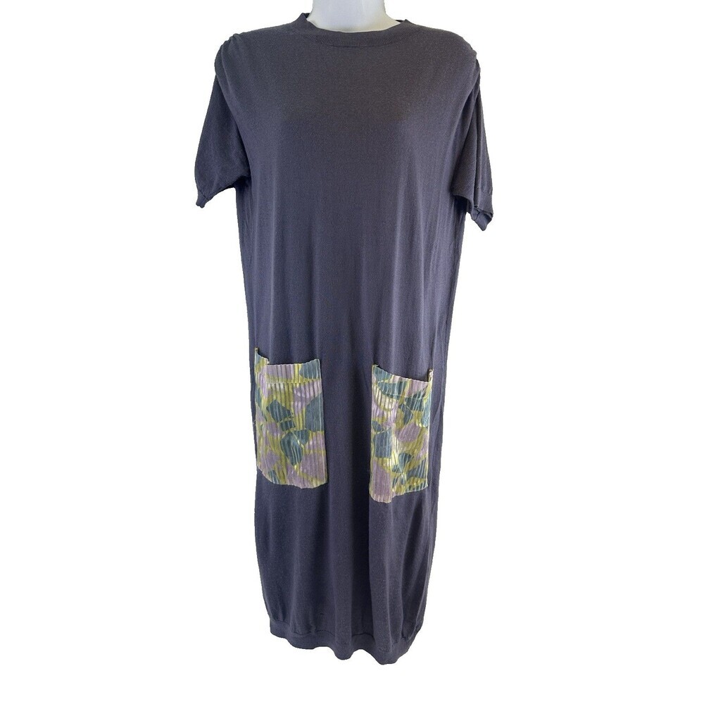 Goyo‎ Mongolia Cashmere Silk Sweater Dress Purple Gray Floral Pockets Crew Small